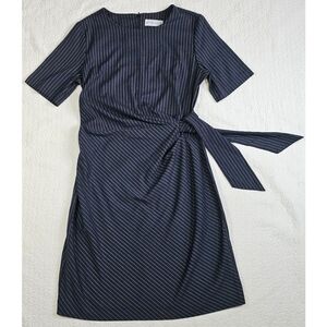 Estee Lauder Navy Blue Pin Strip Draped Tie Waist Dress
